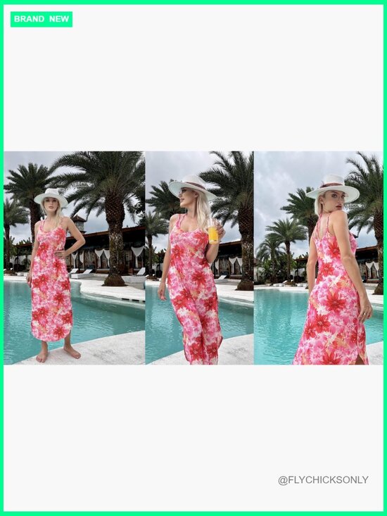 Casual Maxi Sundress Sleeveless V Neck Split Boho Beach Dress with Pockets - Picture 6 of 7